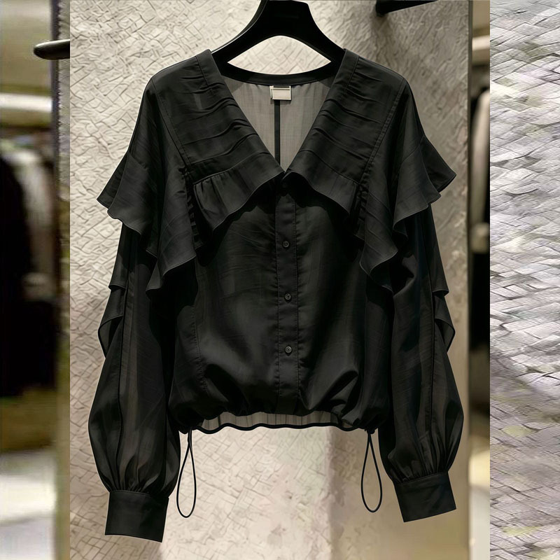 French-Style Artistic Waist-Cinching Shirt with Irregular Ruffles, Sun-Protective Clothing, High-End Petite Blouse, European Style Women's Summer Long-Sleeve Top French-Style Artistic Waist-Cinching Shirt with Irregular Ruffles, Sun-Protective Clothing, High-End Petite Blouse, European Style Women's Summer Long-Sleeve Top