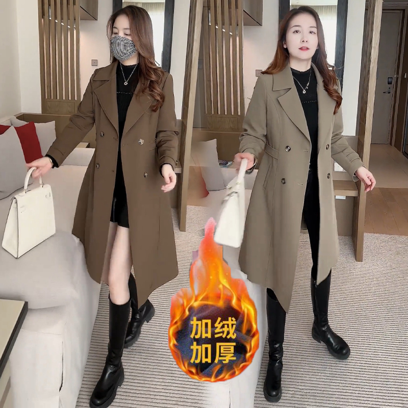 Long Over-The-Knee Coat with Fleece Lining, Stylish Waist-Cinching Blazer for Women, Autumn and Winter Trendy Trench Coat, Elegant Overcoat