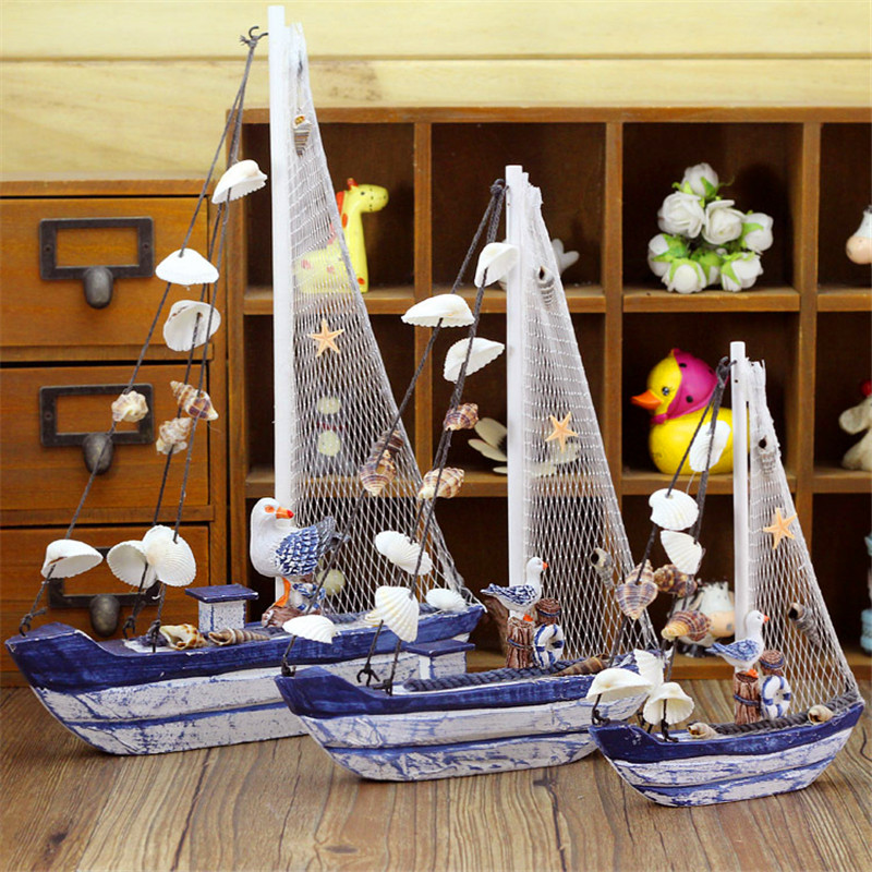 Shell Sailing Mediterranean Home Residence Ornaments Make Old Style Handicrafts Gift Furnishing Blue White Wood