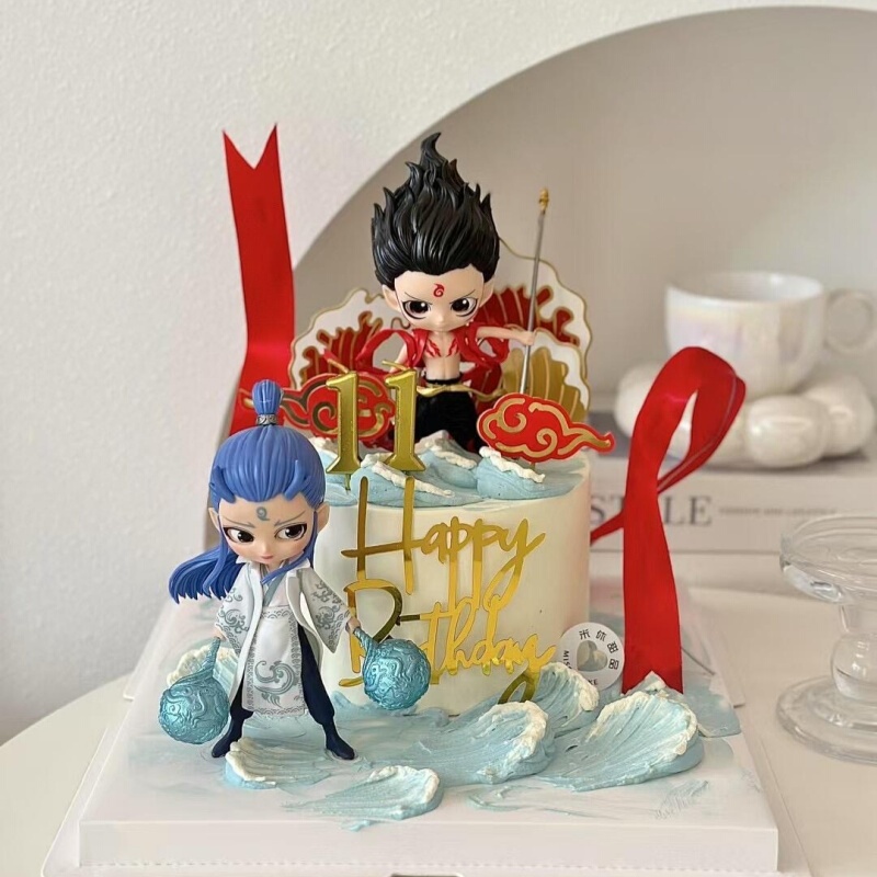 Internet-Famous Nezha Ao Bing Cake Decoration Ornaments, Red Fire Wheel, Mixed Sky Silk, Children's Boys' Birthday Dress-Up Accessories