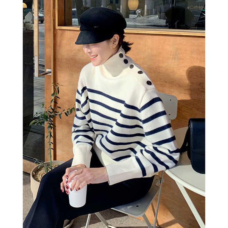 Autumn and Winter High-End Navy Style Striped Knitwear 100% Pure Cashmere Sweater for Women, High-Neck, Loose Fit, Thickened Sweater