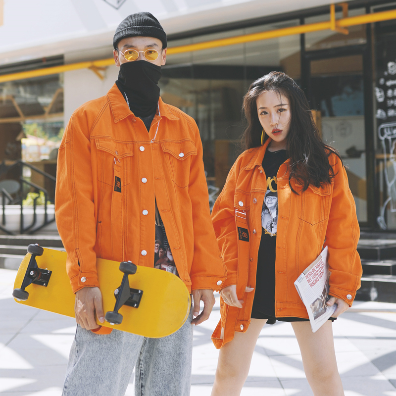 Hip-Hop National Trend Orange Denim Jacket Spring Unisex Street Dance Loose Couple Trendy Brand Jacket Orange Plus Size