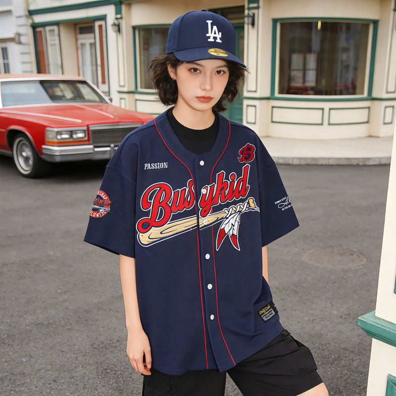 Busykid Original Baseball Short-Sleeve Hip-Hop Street Dance T-Shirt American Trendy Brand Embroidered Cardigan West Coast Jersey