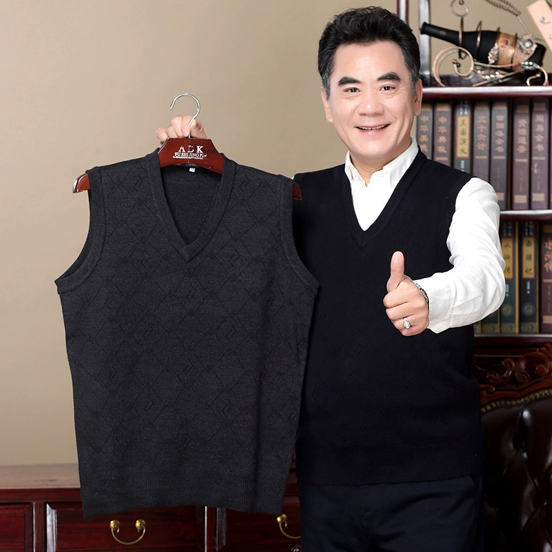 Mùa xuân trung niên giản dị nam màu rắn cổ áo V-cổ áo dệt kim nam trung niên vest len ​​cổ - Lót