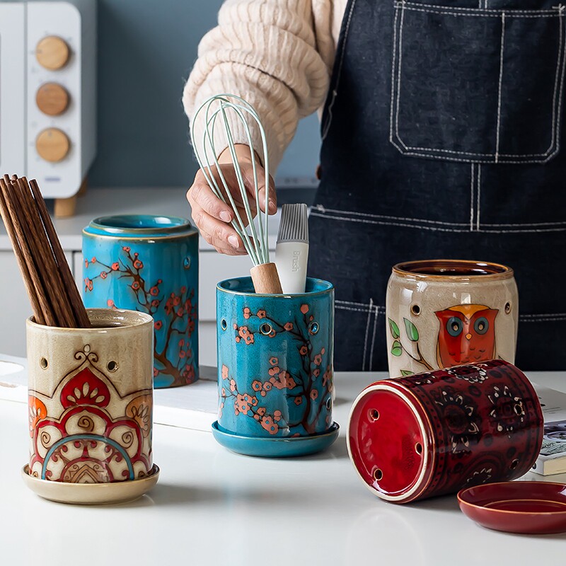 Creativity Japan-South Korea style ceramic chopstick cylinder chopstick cage tool bobpen holder kiln Glazed Hand-painted Cutlery Kitchen supplies