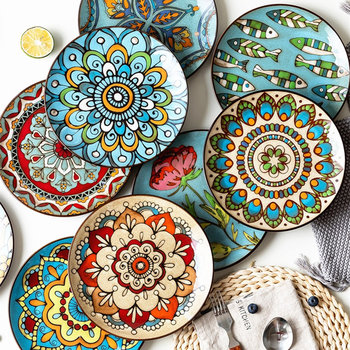 Plate ceramic flat plate hand-painted round tableware underglaze color