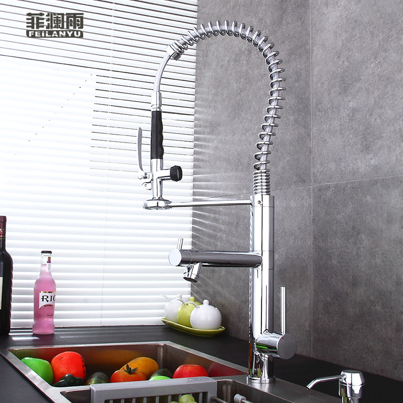 European and American style spring kitchen hot and cold water tap wire drawing washing basin can be rotated and telescopic double water dishwashing pool for home
