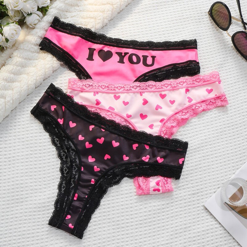 Foreign Trade Export Sweet and Cool Style Heart-Shaped Low-Waist Thong for Girls, Milk Silk Lace Trim, Cute and Comfortable Cotton Crotch