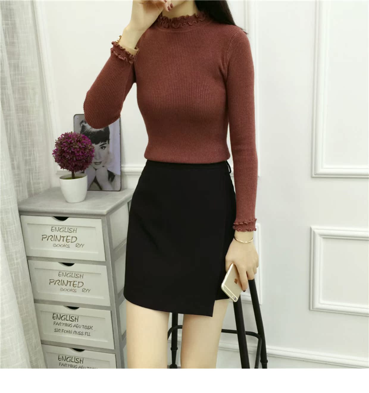 Giao hàng cuối năm Áo len dệt kim mùa thu nửa cổ cao nấm mùa đông chạm đáy áo len mỏng giảm béo áo sơ mi nữ áo len nữ zara cổ tròn