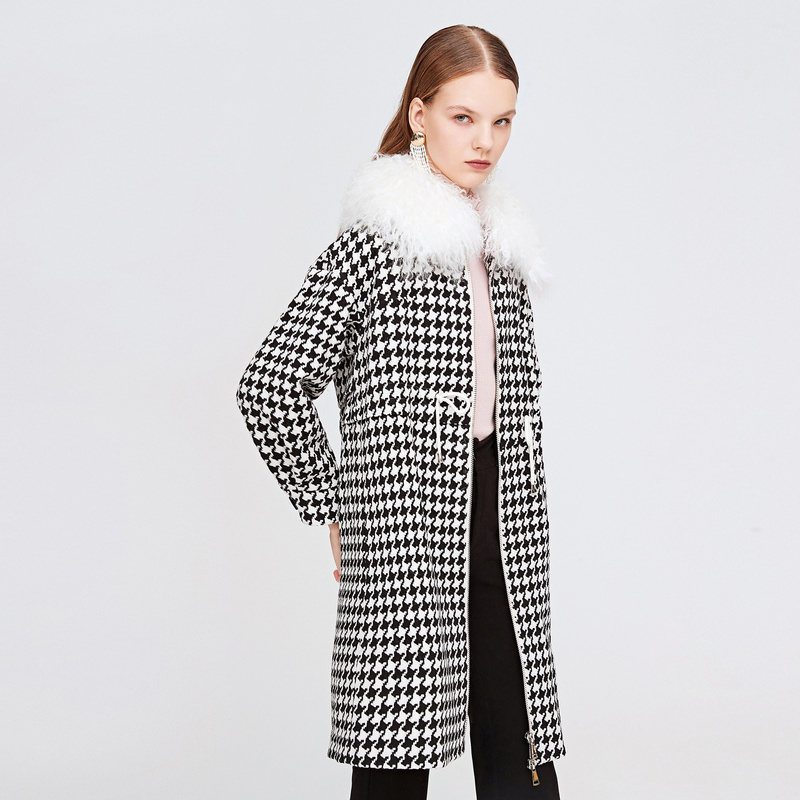 2019 Winter mới Đen và Trắng Thousand Bird Greste len cổ áo dài Coat Coat bóng Thánh Vịnh nữ