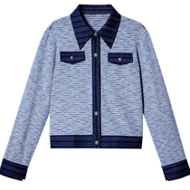 Psalm specially selected denim splicing floral yarn striped cardigan wool sweater 2024 spring new style