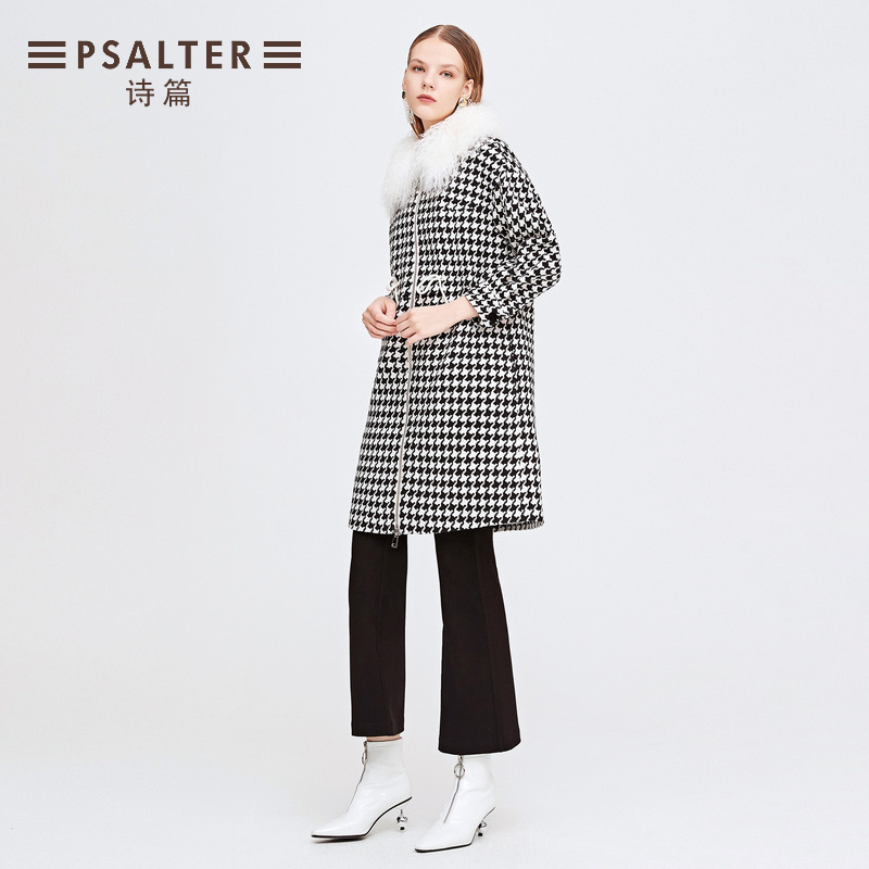 2019 Winter mới Đen và Trắng Thousand Bird Greste len cổ áo dài Coat Coat bóng Thánh Vịnh nữ