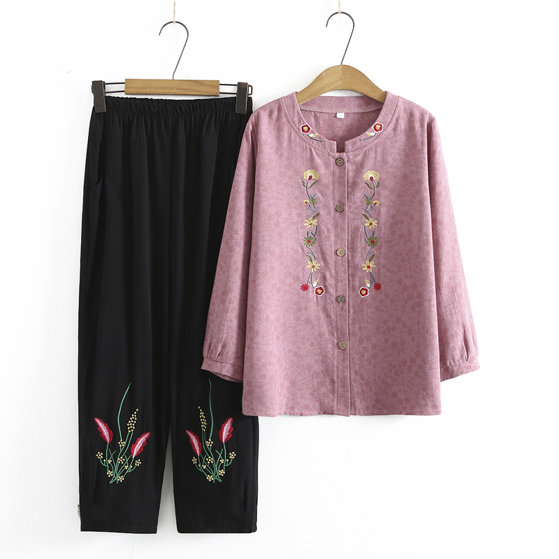 Mother's Clothing Spring and Autumn Pure Cotton Two-Piece Set Cotton-Linen Long-Sleeved T-Shirt Women's Grandma Casual Suit Middle-Aged and Elderly Autumn Clothes