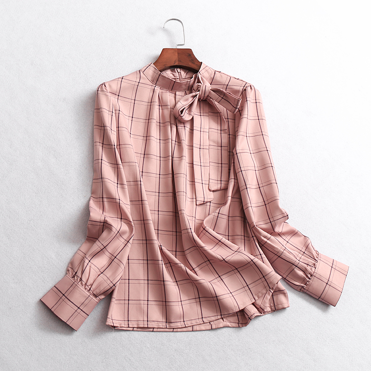 W223 temperament women's spring new plaid bow tie long sleeve fashion top women's shirt shirt