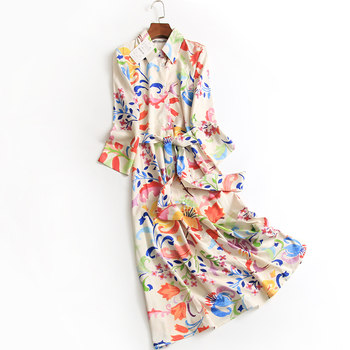 Printed shirt dress lapel long sleeve dress