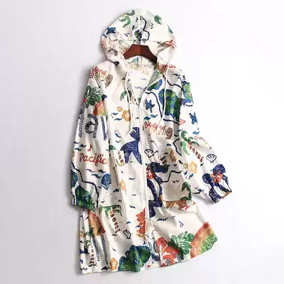 R882 temperament women's summer new printing pattern long version hooded long sleeve zipper thin jacket sunscreen clothing