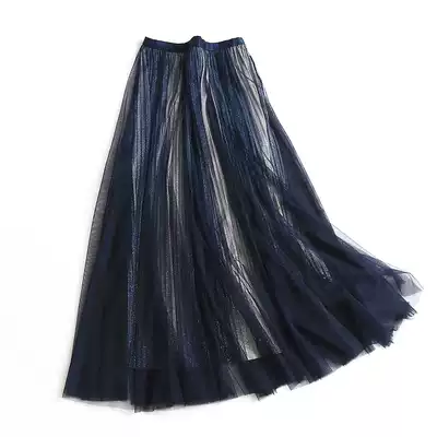 W687 women's summer new elastic waist high waist slim mesh skirt double layer bright silk skirt women's long skirt