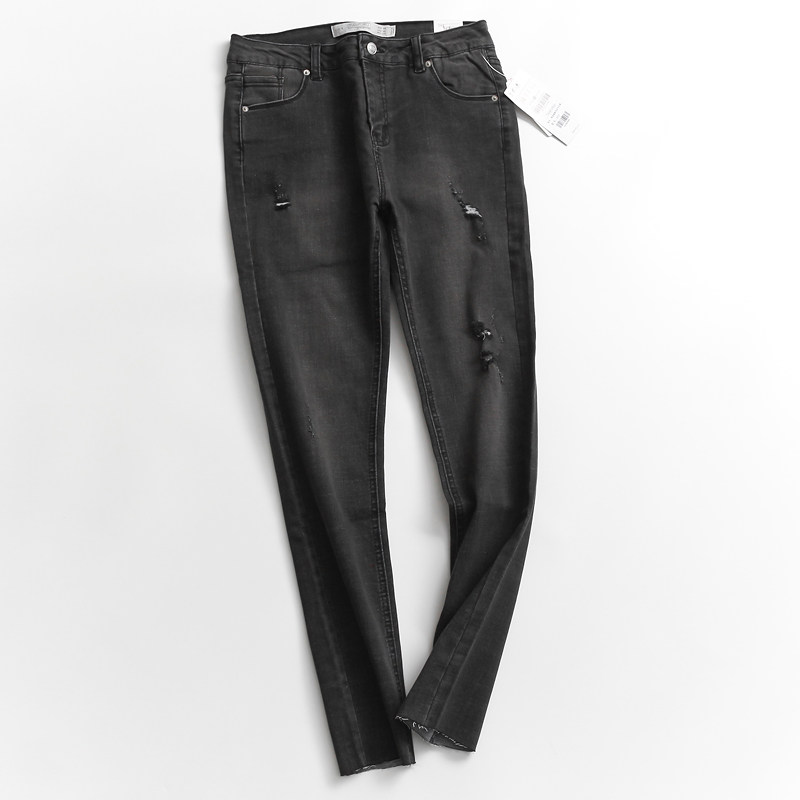 G423 hole grinding white elastic slimming high waist slim trousers pencil pants women's autumn and winter new jeans trousers