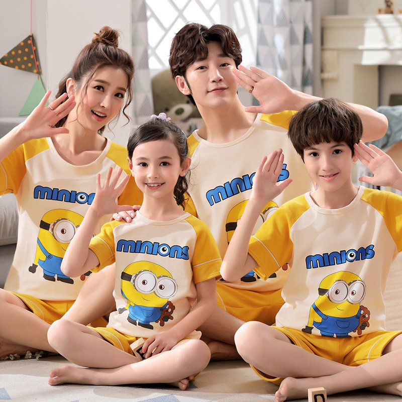 Children's pyjamas girl spring male short sleeve pure cotton thin suit Xia family of three children's mother and daughter