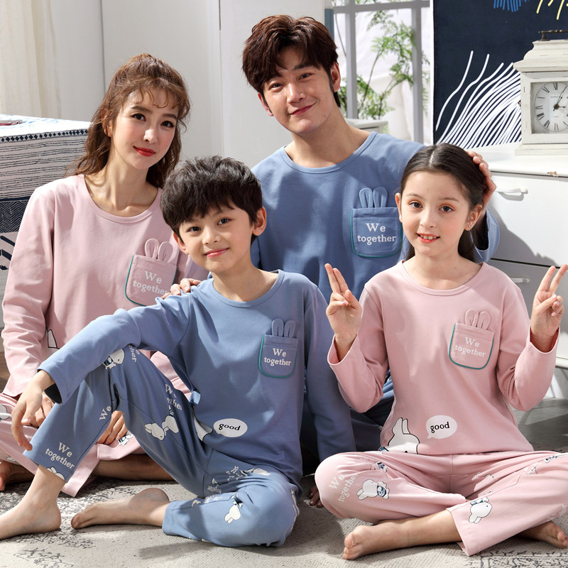 Pure Cotton Children Sleepwear Women's Summer Long Sleeve Spring Autumn Mother Girl Child's Sleepwear Men's family of three bunnies Home Suit Suit