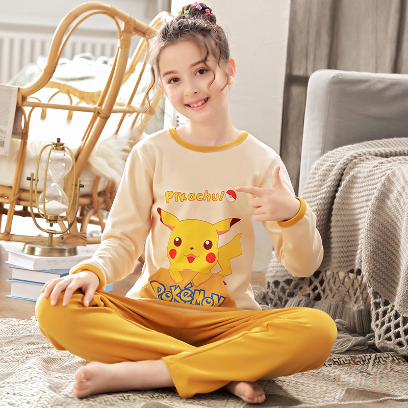 Pure cotton children's pajamas, girls' home clothes set, baby air-conditioning thin section, summer, spring and autumn long-sleeved, medium and large children's cartoon