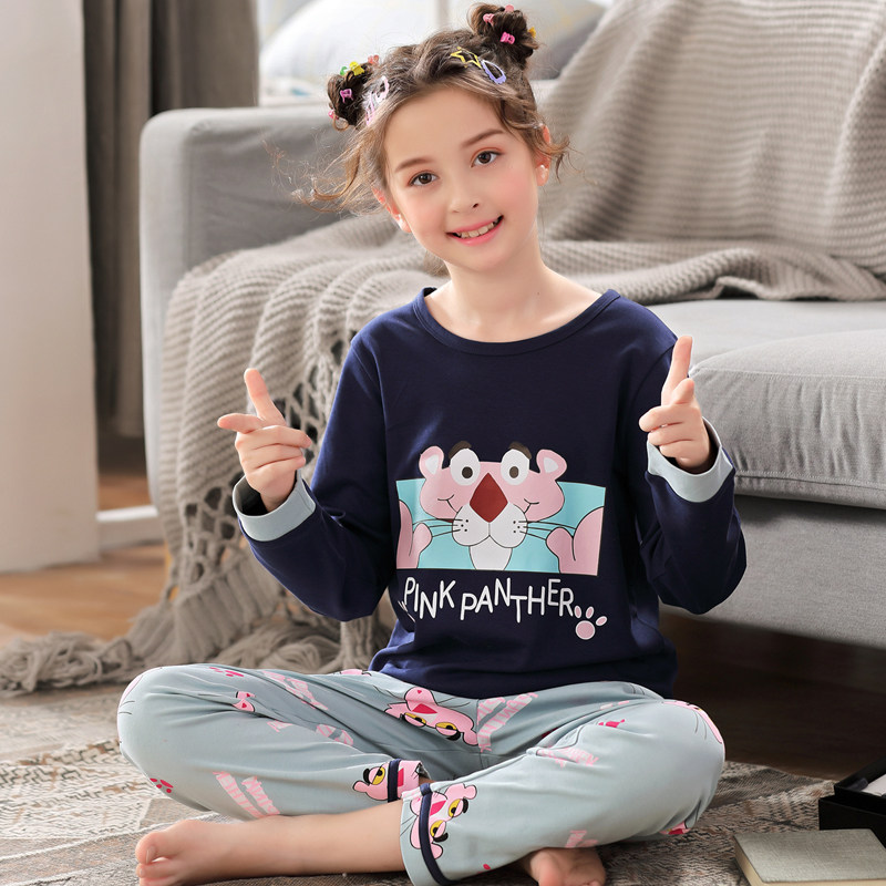 Children's pajamas girls spring and Autumn pure cotton long-sleeved summer baby thin section medium and large girls home clothes parent-child suit Pink leopard