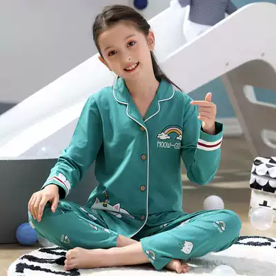 Children's pajamas Girls long-sleeved autumn pure cotton princess middle school girl little girl spring and autumn Korean cute suit cardigan