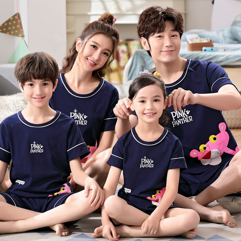 Children's pyjamas girl spring male short sleeve pure cotton suit Xia family of three children's mother and daughter household Pink Leopard