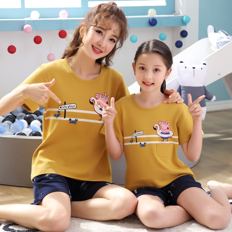 Children's pajamas summer short-sleeved pure cotton girls baby middle and large children parent-child home clothes girls mother and daughter pajamas