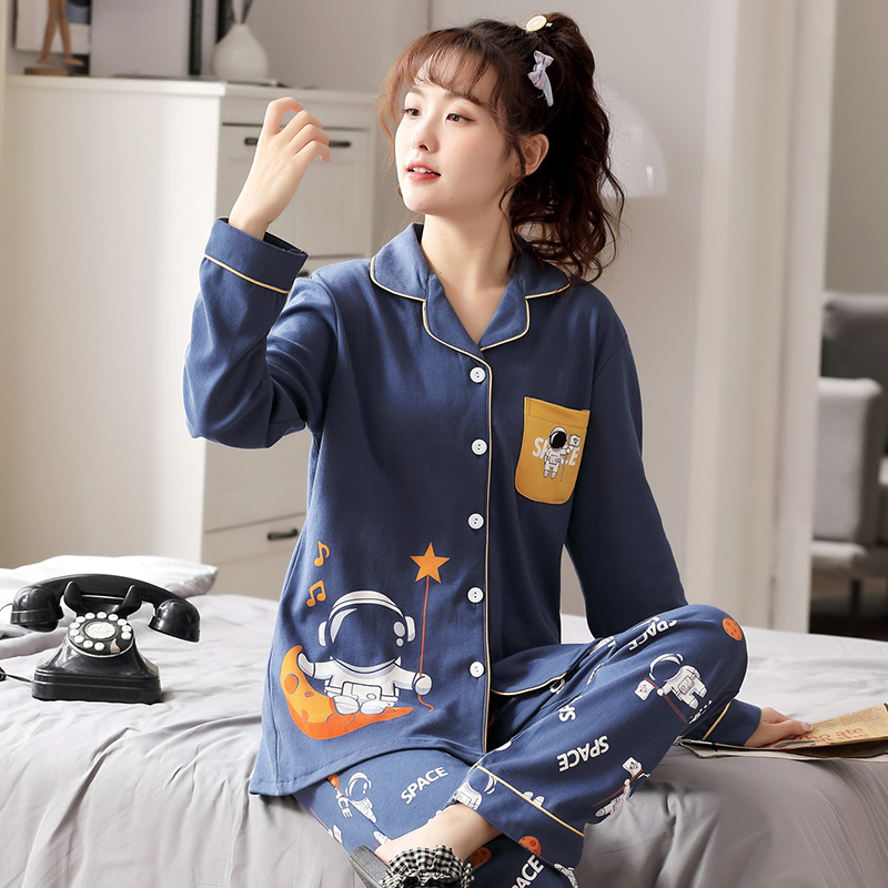 Han edition of pajamas lady pure cotton width width fat MM increased weight cartoon long sleeve home suit Altman
