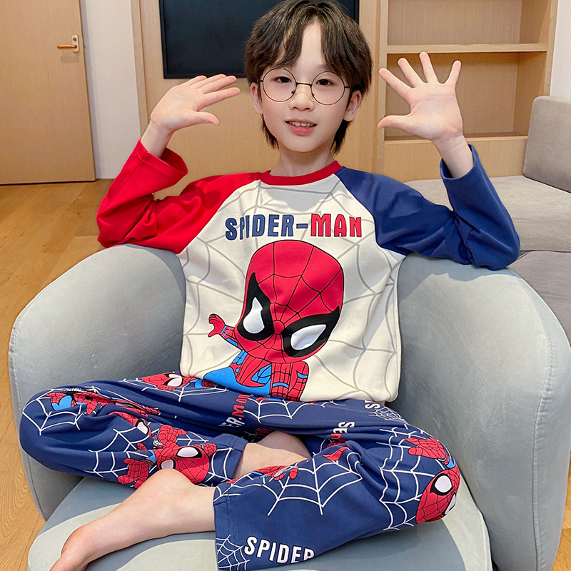 Children's Pajamas for Boys, Spring and Autumn Thin Pure Cotton Long-Sleeved Boys' Spider-Man 2026 Summer New Home Wear Set
