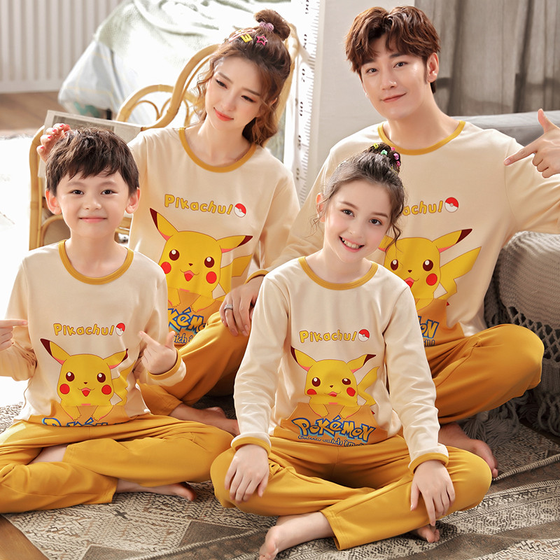 Pure Cotton Children Sleepwear Women's Summer Long Sleeve Spring Autumn Mother Girl Child's Sleepwear Men's family Three-mouth home Suit Suit Thin