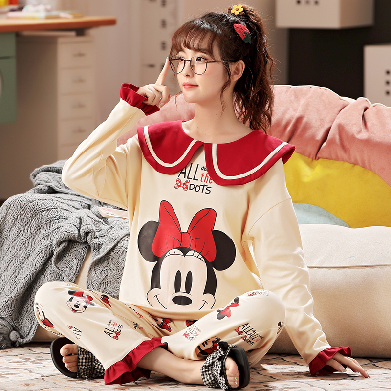 Korean version of pajamas autumn ladies pure cotton round neck loose fat MM plus fat cartoon long-sleeved home service suit Mickey
