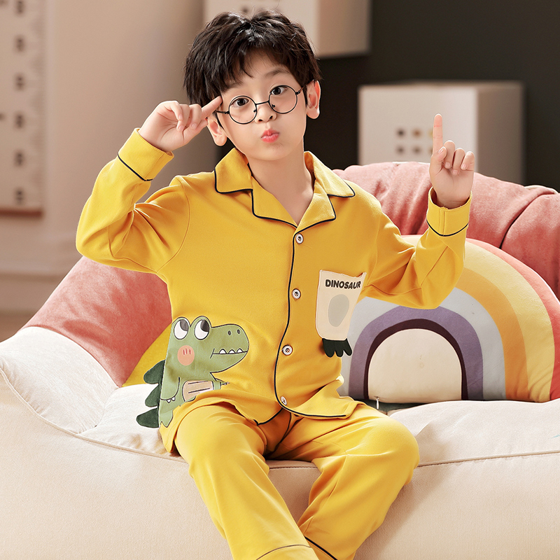 Pure Cotton Children Sleepwear Spring Autumn Summer Boy Baby Long Sleeve Cartoon Dinosaur Teen CUHK Children's Home Suit Suit
