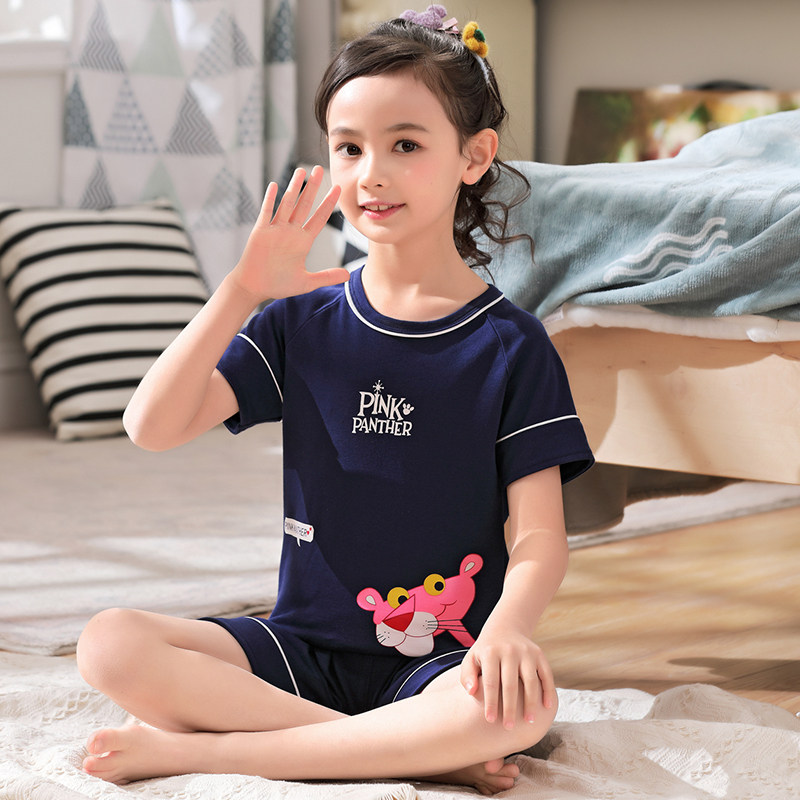 Girl's nightdress summer short sleeve cotton girl baby baby middle child home clothing children's suit pink leopard