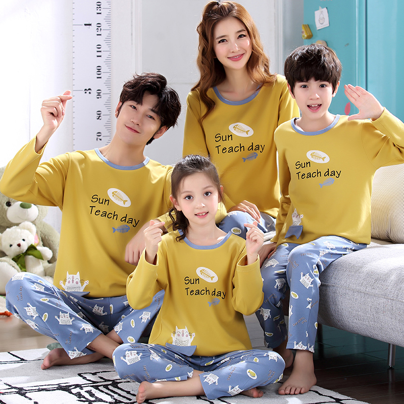 Parent-child pajamas long-sleeved a family of three pure cotton mother-daughter outfit home clothes spring and autumn children big boy girl suit