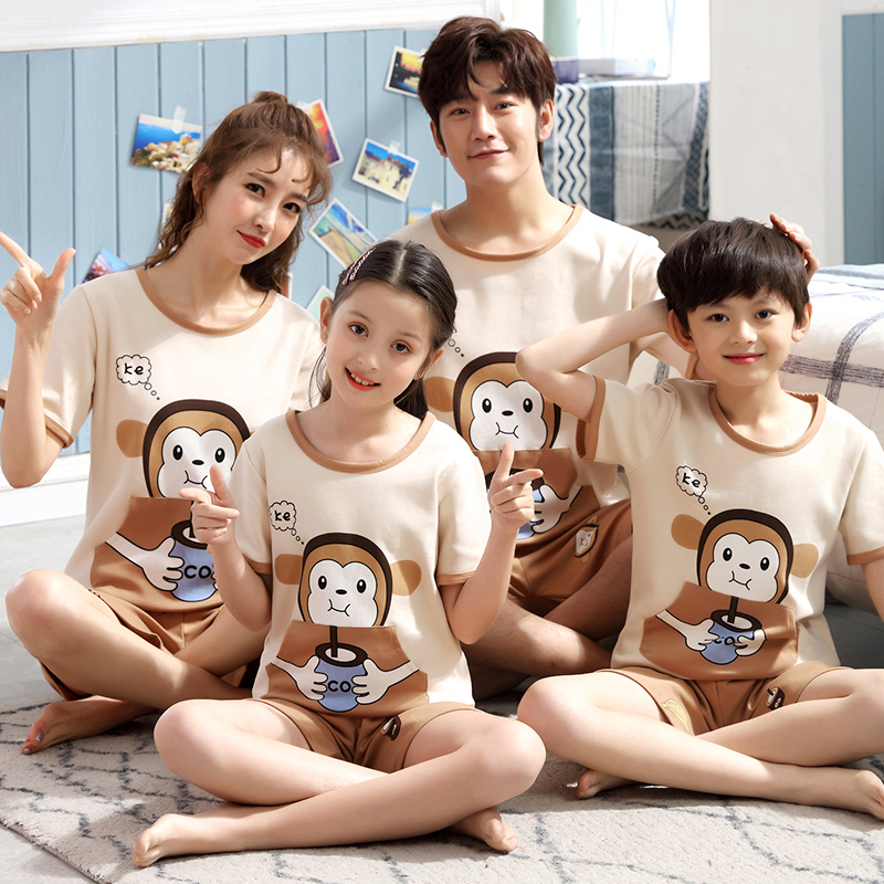 Children's pyjamas girl spring male short sleeve pure cotton thin style suit Xia family Three-mouth parent-child home Costume Monkey