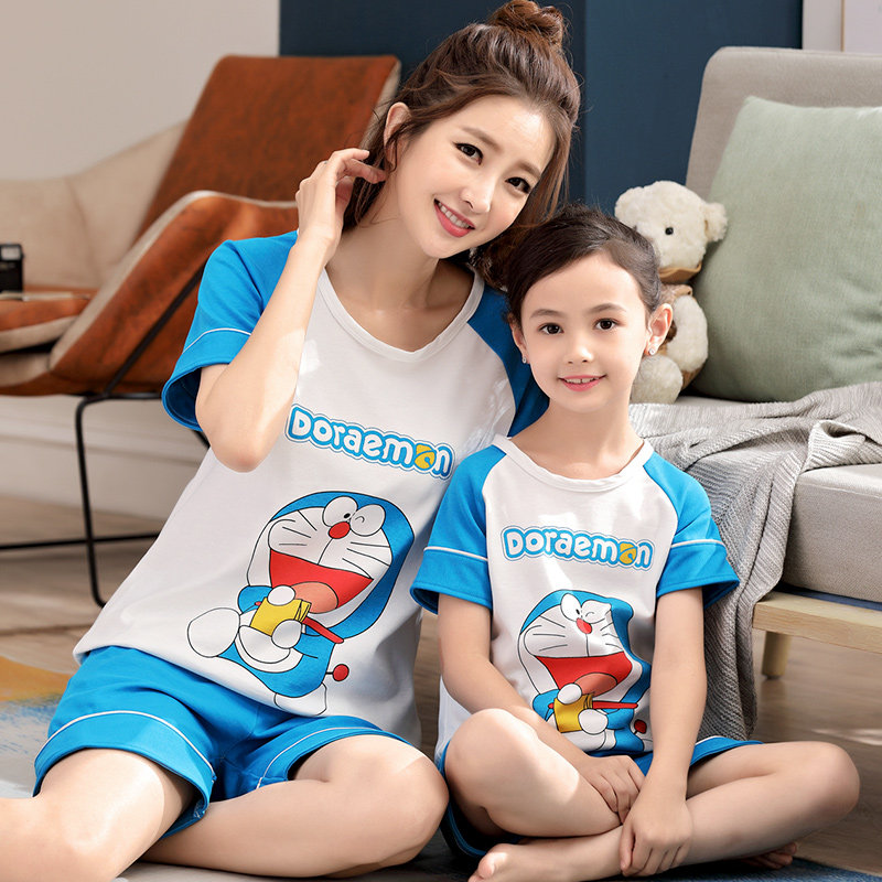 Children's pajamas summer short-sleeved cotton girls baby middle-aged children's parent-child home clothes girls mother and daughter pajamas jingle