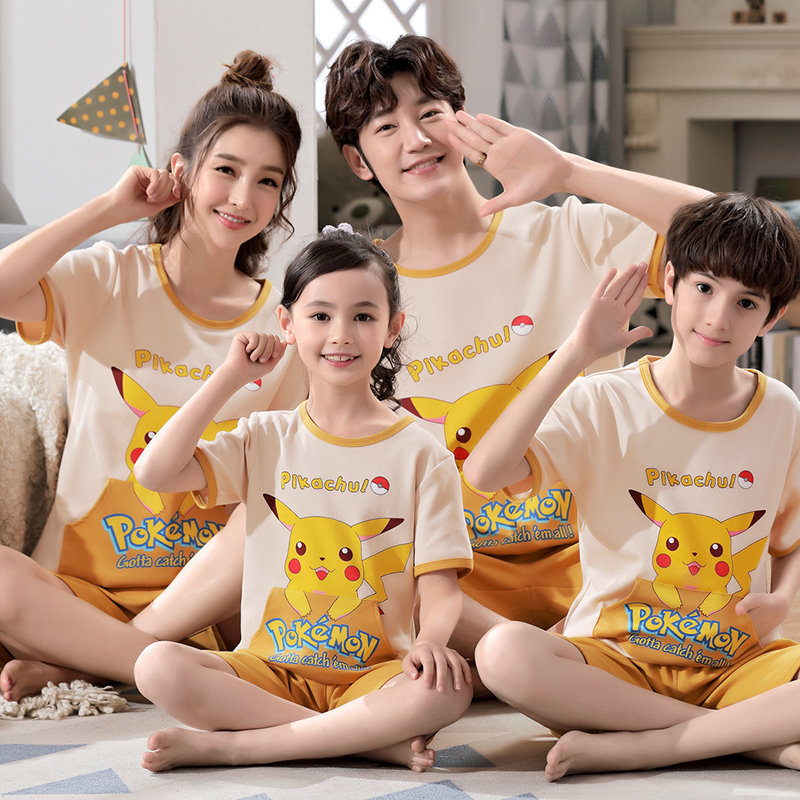 Children's pyjamas girl spring male short sleeve pure cotton thin suit Xia family of three parents The mother and daughter of the family dress the little elf