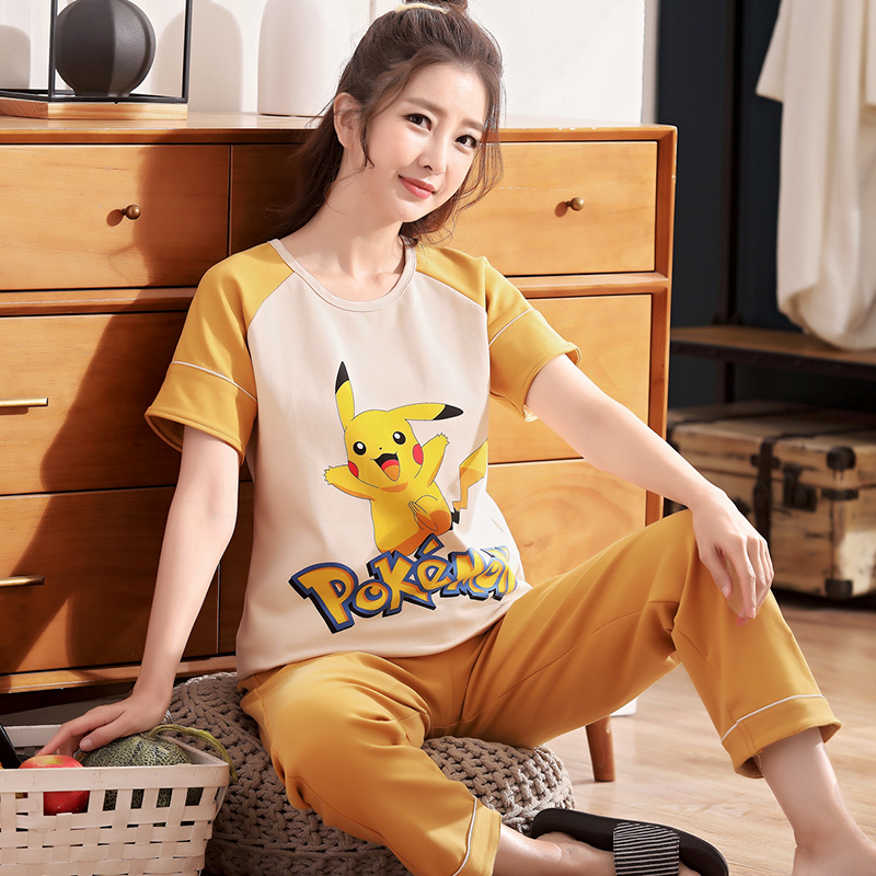 Spring Summer Pure Cotton Pyjamas Women's Day Department Cartoon Short Sleeve Long Pants Plus Fat Increase Fat MM Loose Home Conserved Two Style Suits
