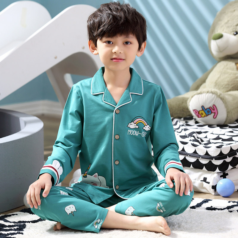 Children's Pajamas Boy Pure Cotton Long Sleeve Spring Autumn Boy CUHK Boy Toddler Baby Home Conserved Autumn Suit Cardiovert