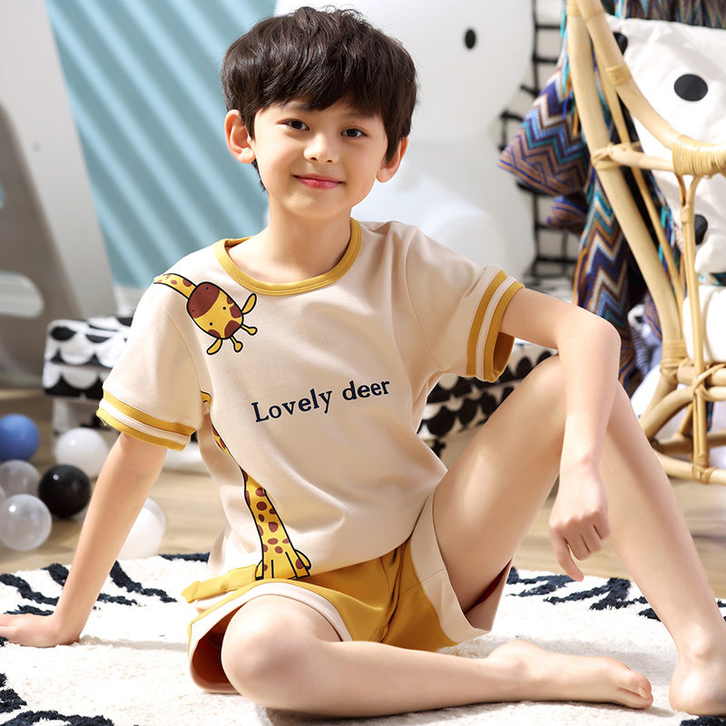 Child Sleepwear Summer Thin Little Boy Short Sleeve Stay-at-home Summer Pure Cotton Boy Big Boy Home Little Deer