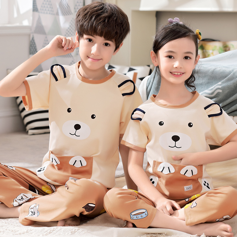 Child Sleepwear Summer Thin Cartoon Baby Girl CUHK Boy Short Sleeve Pure Cotton Boy Home Consuit Small Bear
