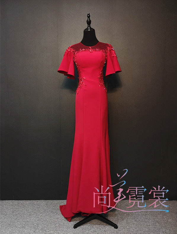 Bride Red New Horn Sleeve Toast Dress Evening Dress Women Slim Slim and Slim Host Dress Rental