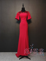 Bride Red New trumpet sleeve toast evening dress female slim body slim long host dress rental