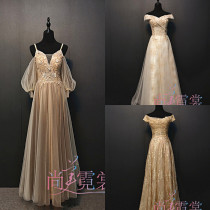 Rent one-shoulder new golden champagne bright evening dress for junior high school students adult ceremony dinner dress