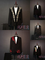 Mens black embroidered host suit suit suit annual party catwalk suit wedding emcee dress rental