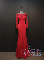 Rental 2019 new red long sleeve lace nail beads evening dress mother toast clothing annual meeting host catwalk