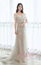 Champagne color light luxury word shoulder 2021 new noble and elegant dinner party evening dress Beijing custom rental rental