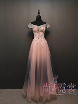 Super fairy dress dress pink gradient shoulder high-end handmade nail beads dinner catwalk show host dress skirt